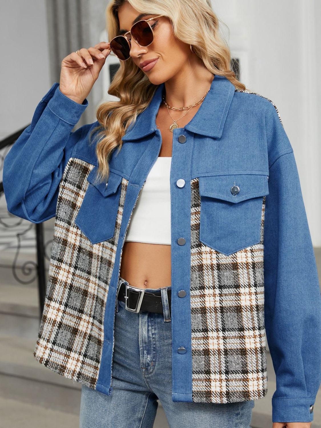 Plaid Button Up Long Sleeve Denim Jacket nicholesgifts