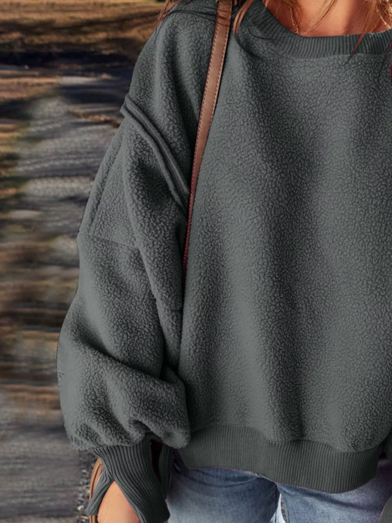 Round Neck Dropped Shoulder Sweatshirt Trendsi