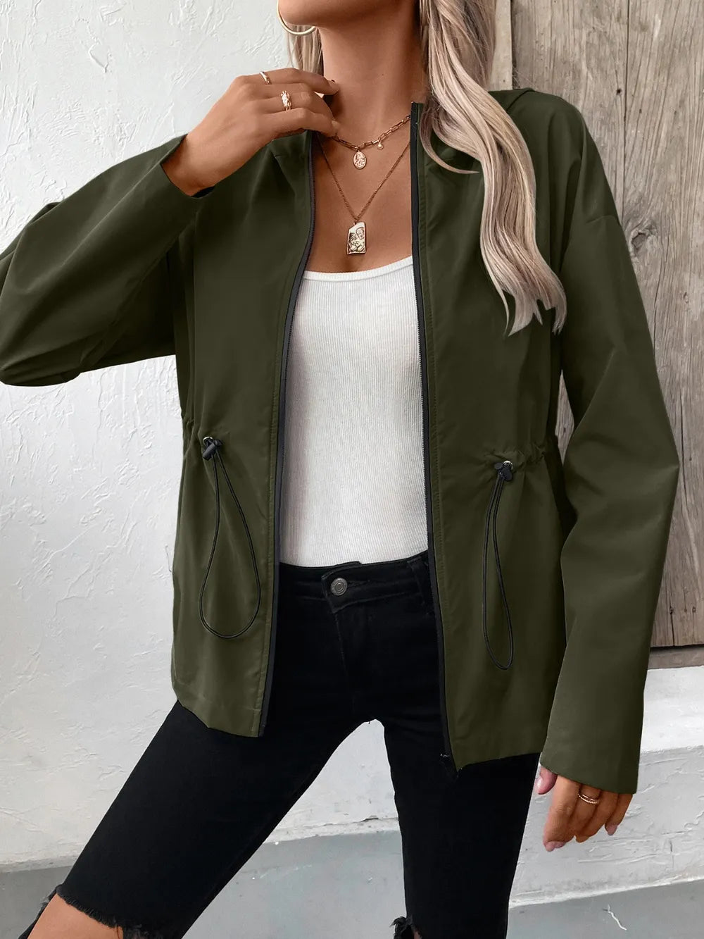 Ivy Lane Drawstring Zip Up Hooded Jacket nicholesgifts