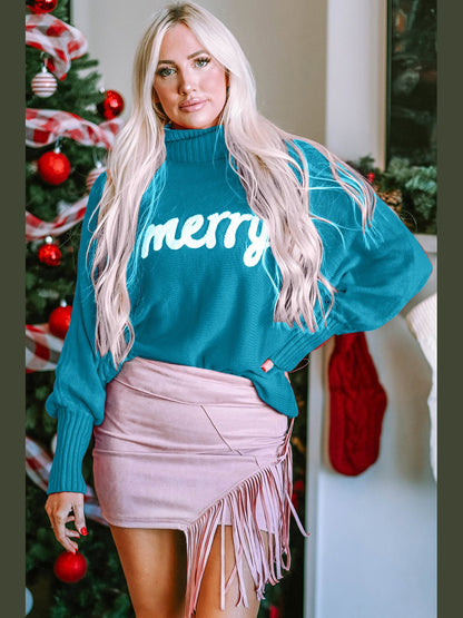 Women Double Take Full Size Merry Christmas Turtleneck Long Sleeve Sweater nicholesgifts