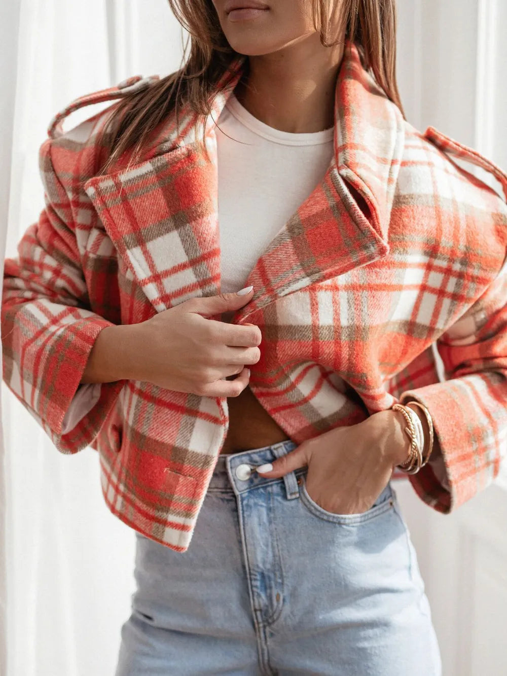 Lapel Collar Plaid Cropped Jacket Trendsi