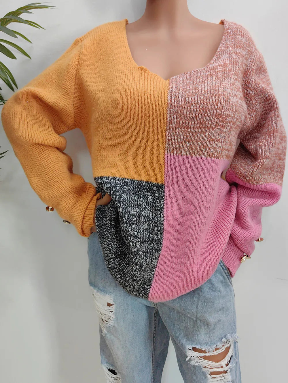 Color Block Decorative Button Long Sleeve Sweater Trendsi