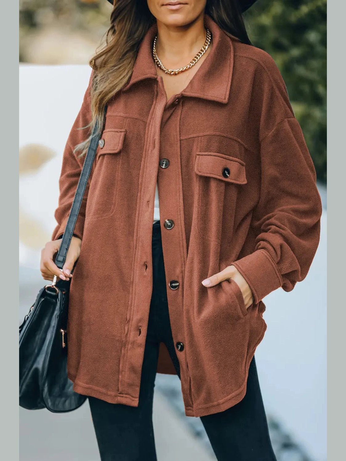 Button Up Collared Neck Long Sleeve Jacket nicholesgifts
