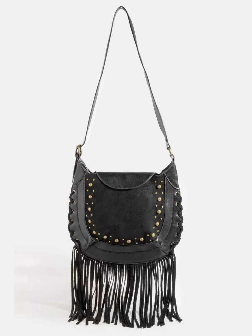 Fame Rivet Trim Suede Fringe Shoulder Bag nicholesgifts