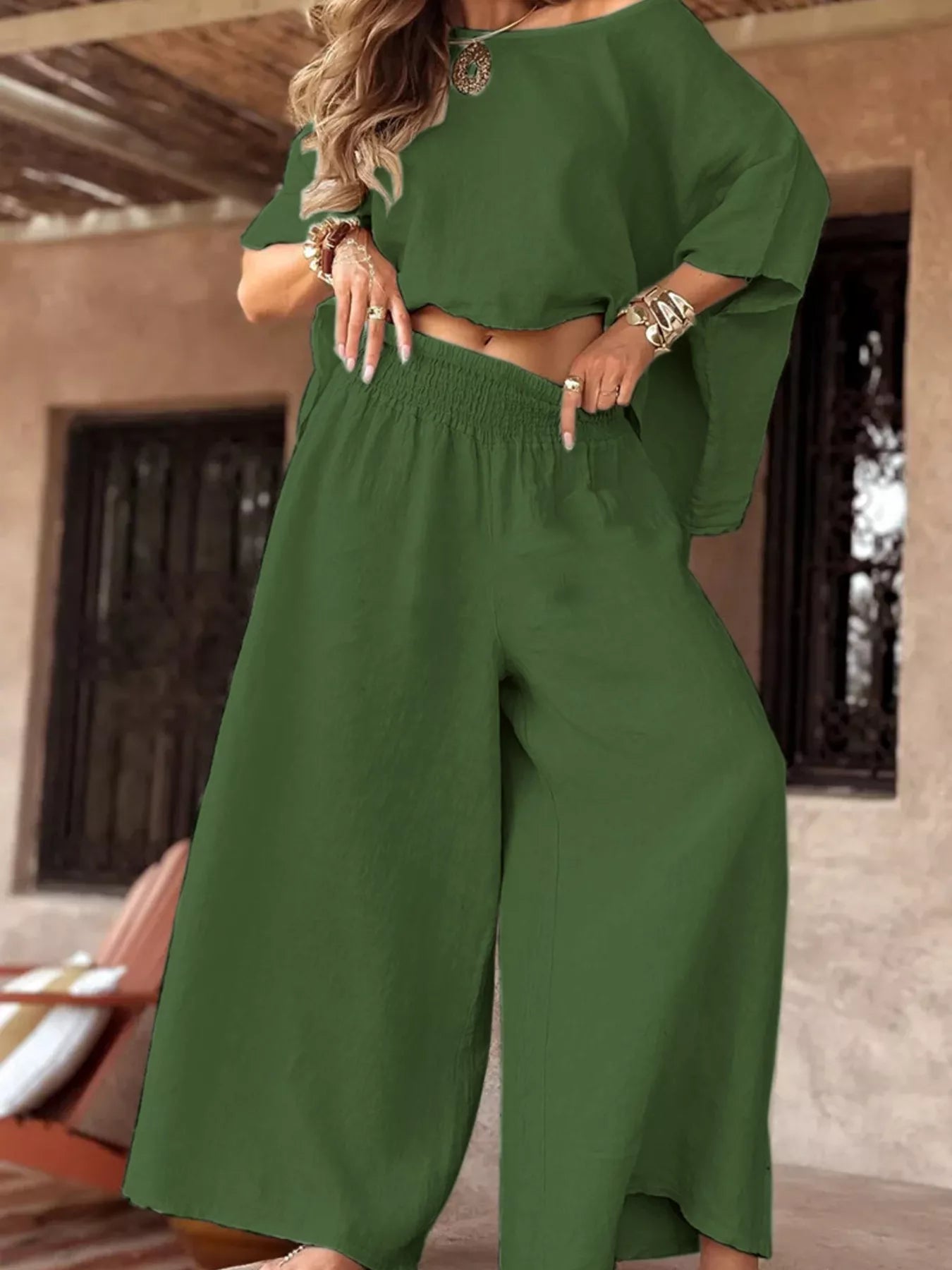 Full Size Boat Neck Top and Wide Leg Pants Set Plus Size Trendsi