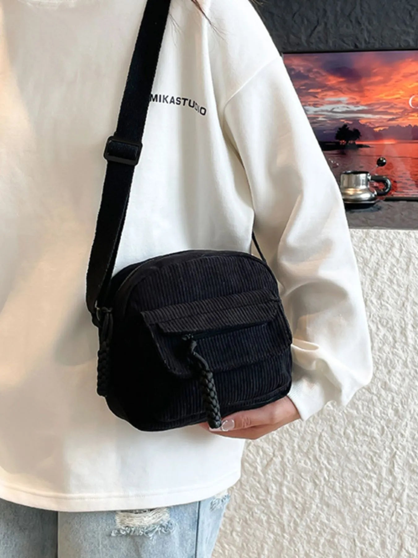 Corduroy Crossbody Bag with Adjustable Strap Trendsi