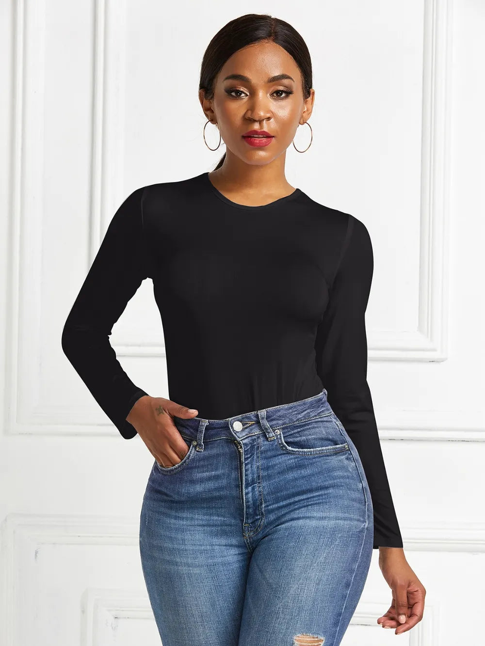 Round Neck Long Sleeve Bodysuit nicholesgifts