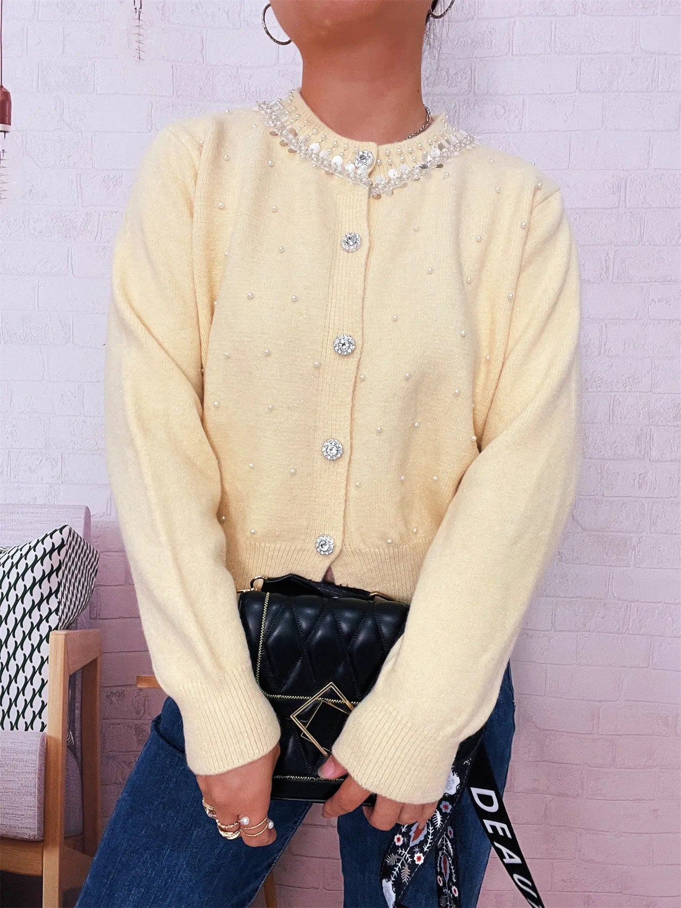 Pearl Detail Button-Front Cardigan NicholesGifts