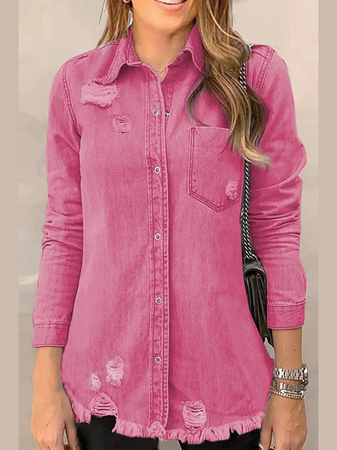 Distressed Raw Hem Snap Down Denim Jacket nicholesgifts