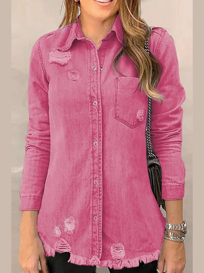 Distressed Raw Hem Snap Down Denim Jacket nicholesgifts