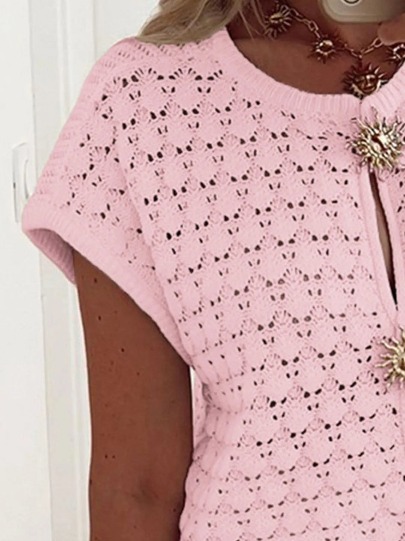 Crochet Short Sleeve Button Front Cardigan