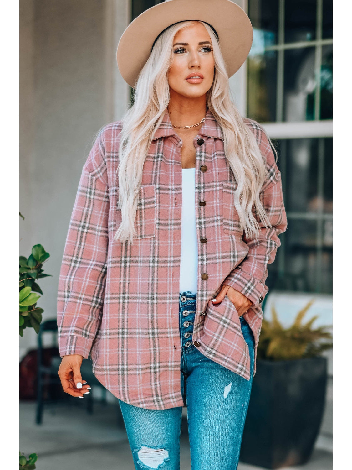 Plaid Curved Hem Dropped Shoulder Longline Shirt Jacket nicholesgifts