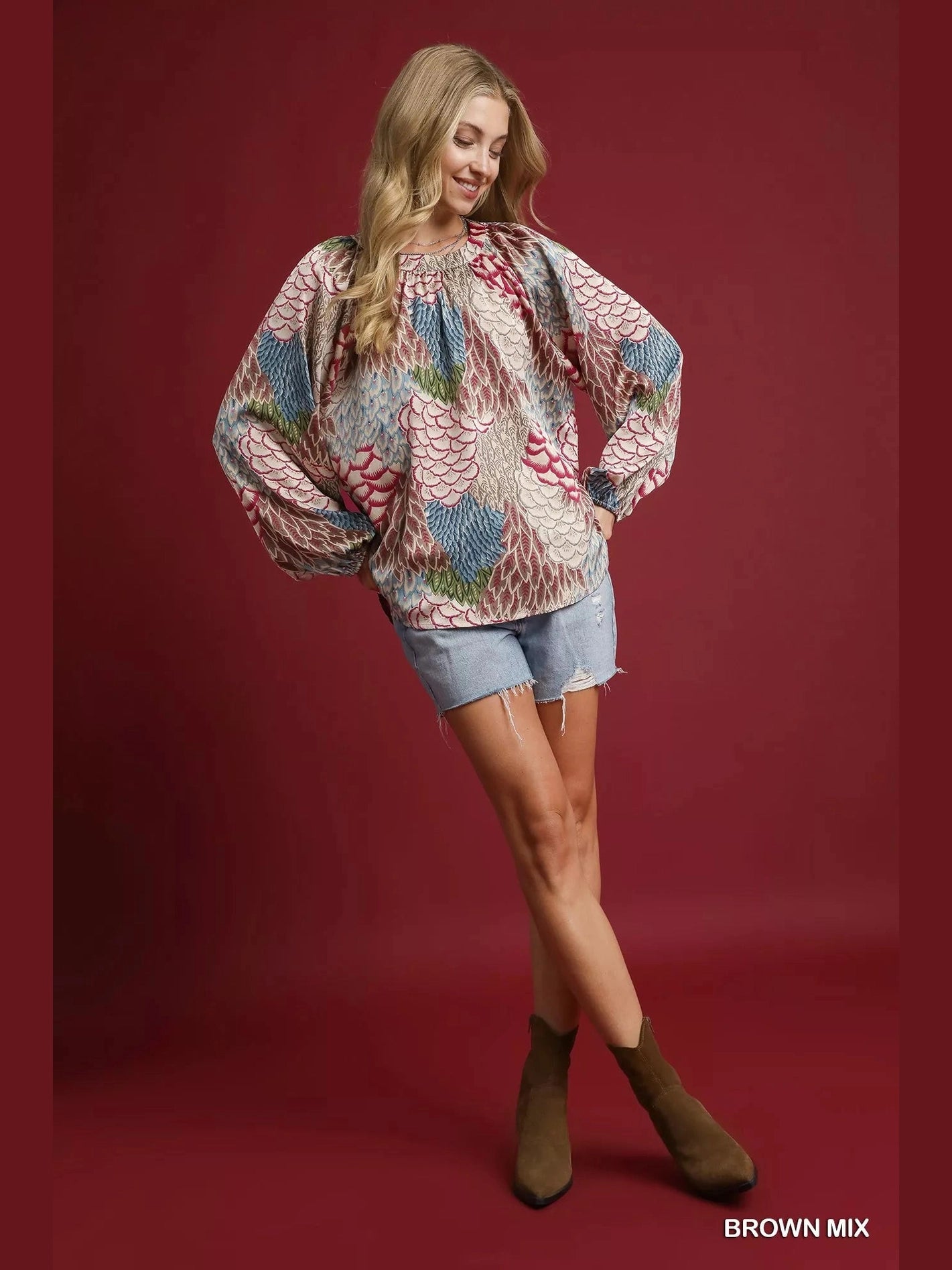 Umgee Boho Feather Print Peasant Blouse NicholesGifts