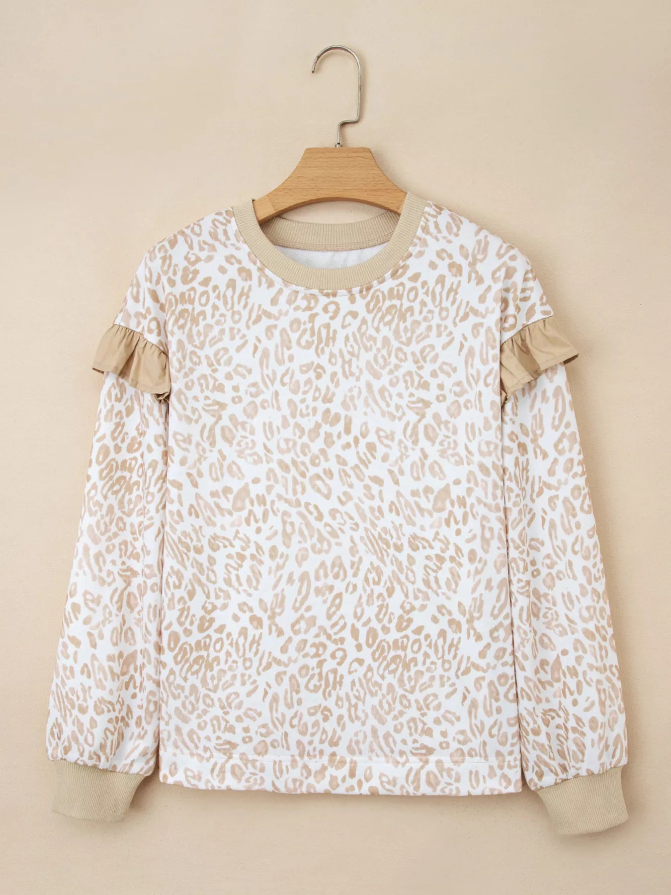 Leopard Ruffle Detail Ribbed Trim Round Neck Sweatshirt nicholesgifts