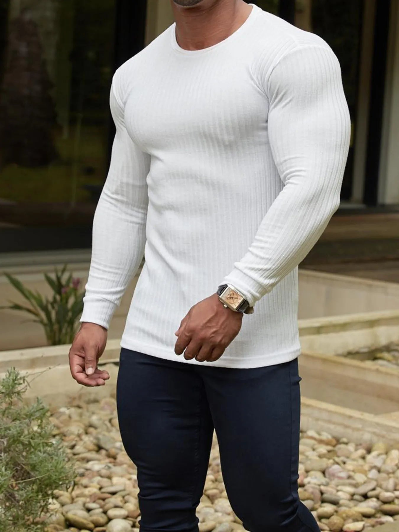 Men's Ribbed Round Neck Long Sleeve T-Shirt Trendsi