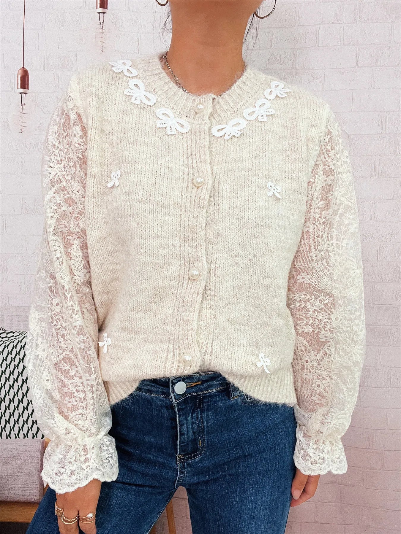Lace Sleeve Button-Up Cardigan