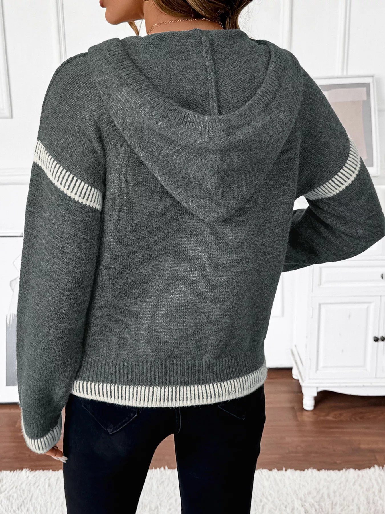 Contrast Trim Quarter Zip Hooded Sweater