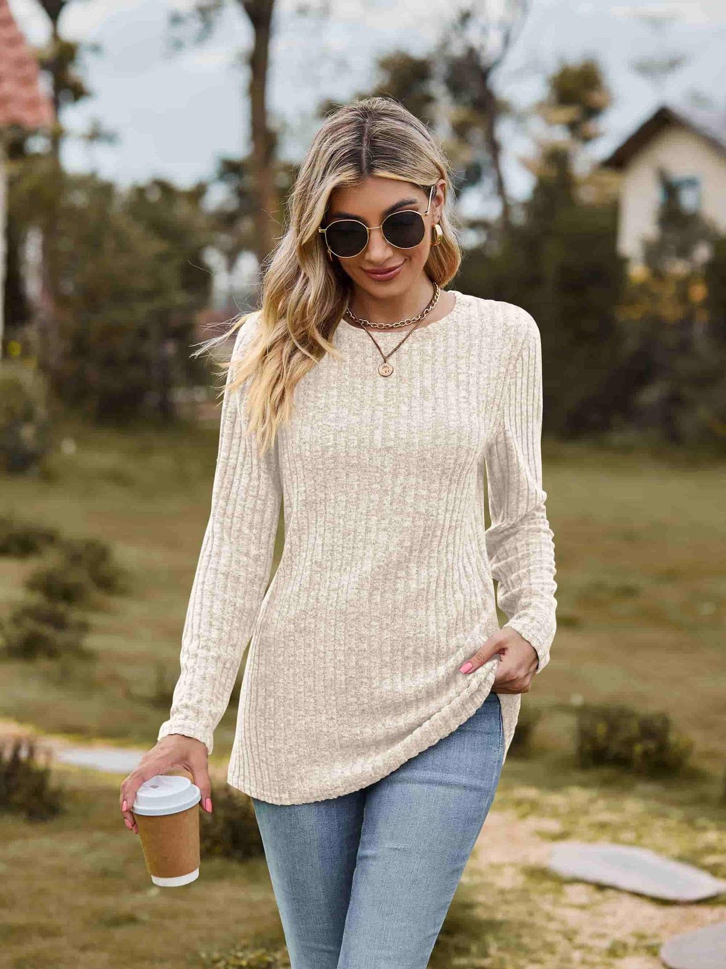 Ribbed Round Neck Long Sleeve Tee NicholesGifts