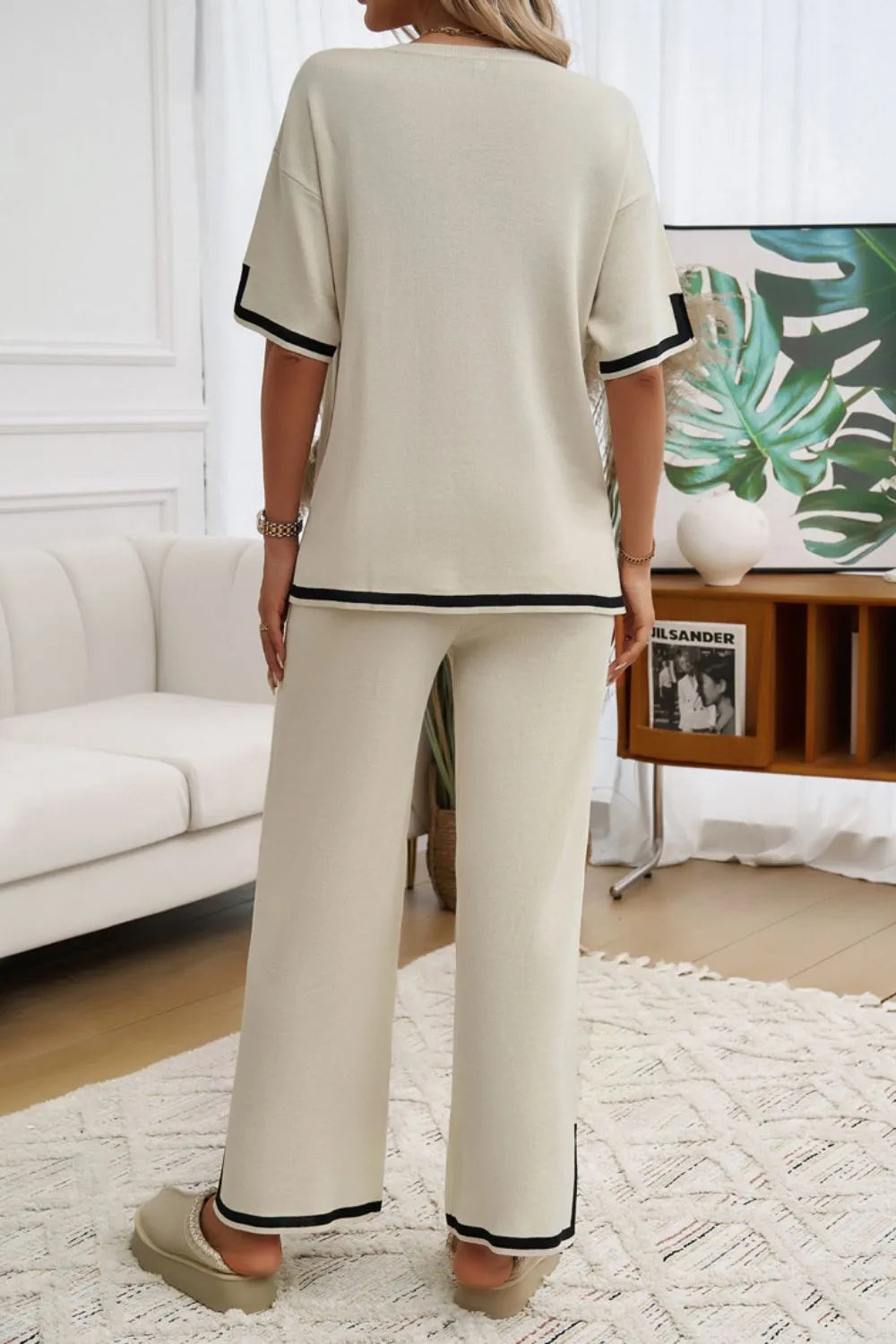 Devine Contrast Trim Half Sleeve Top and Pants Set Trendsi