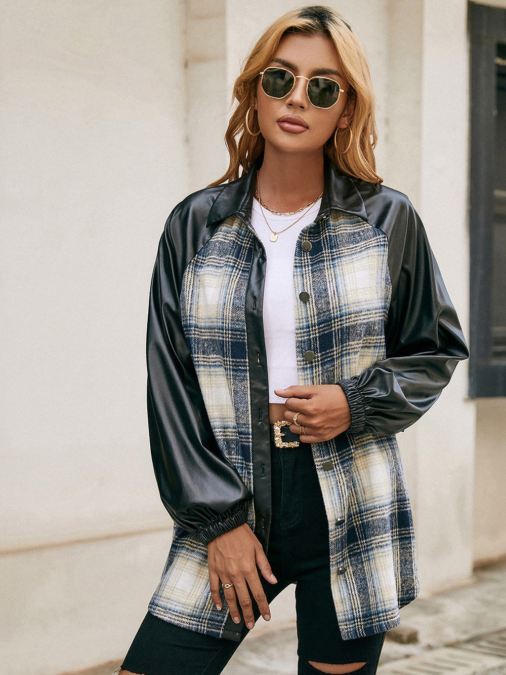 Ivy Lane Plaid Button Down Raglan Sleeve Jacket nicholesgifts
