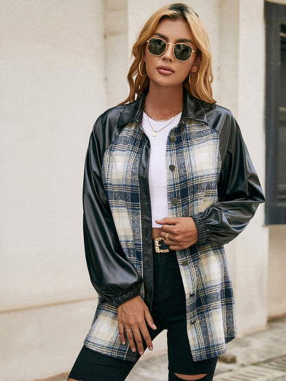 Ivy Lane Plaid Button Down Raglan Sleeve Jacket nicholesgifts