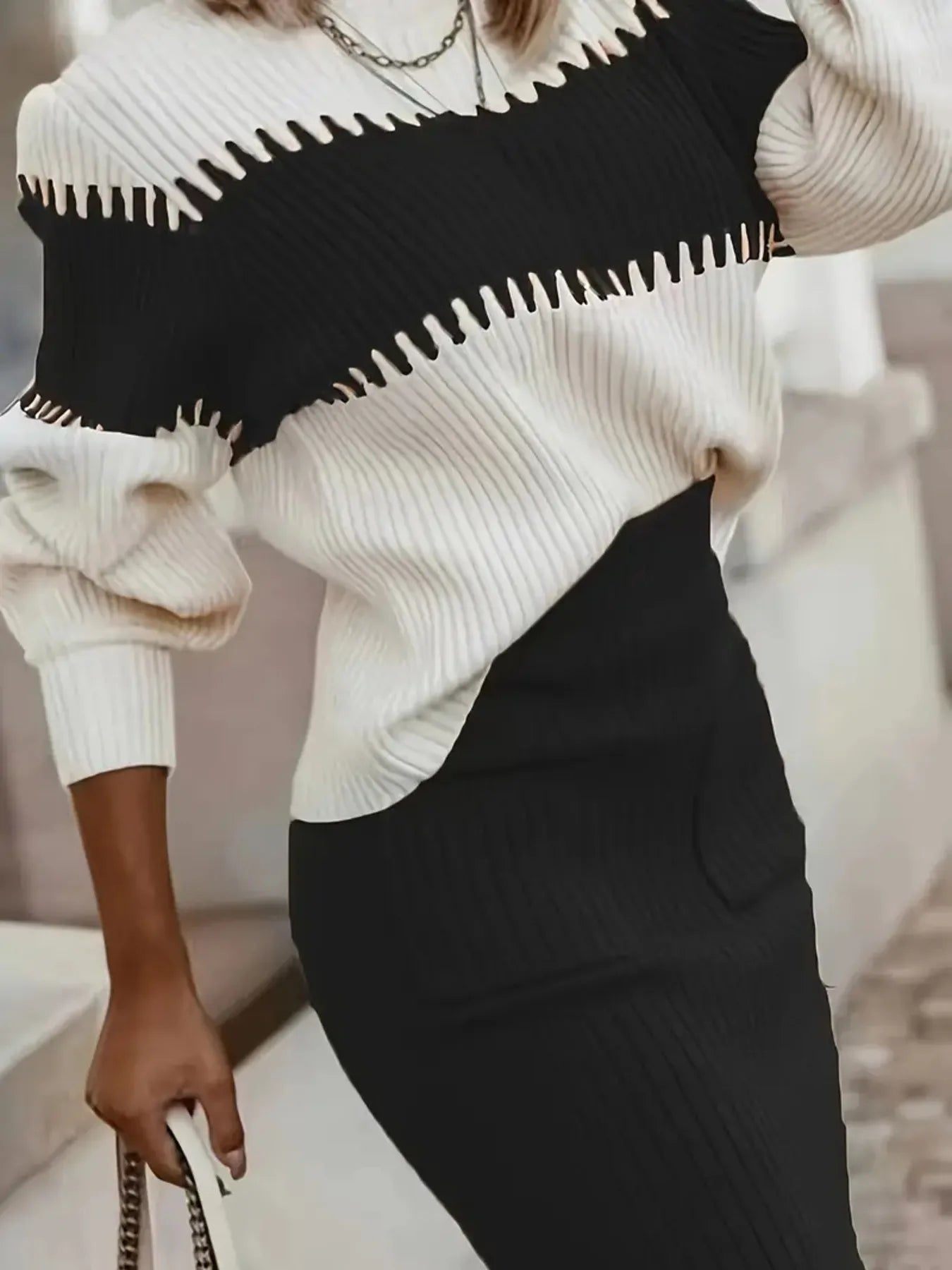 Two-Tone Ribbed Knit Top and Skirt Sweater Set nicholesgifts