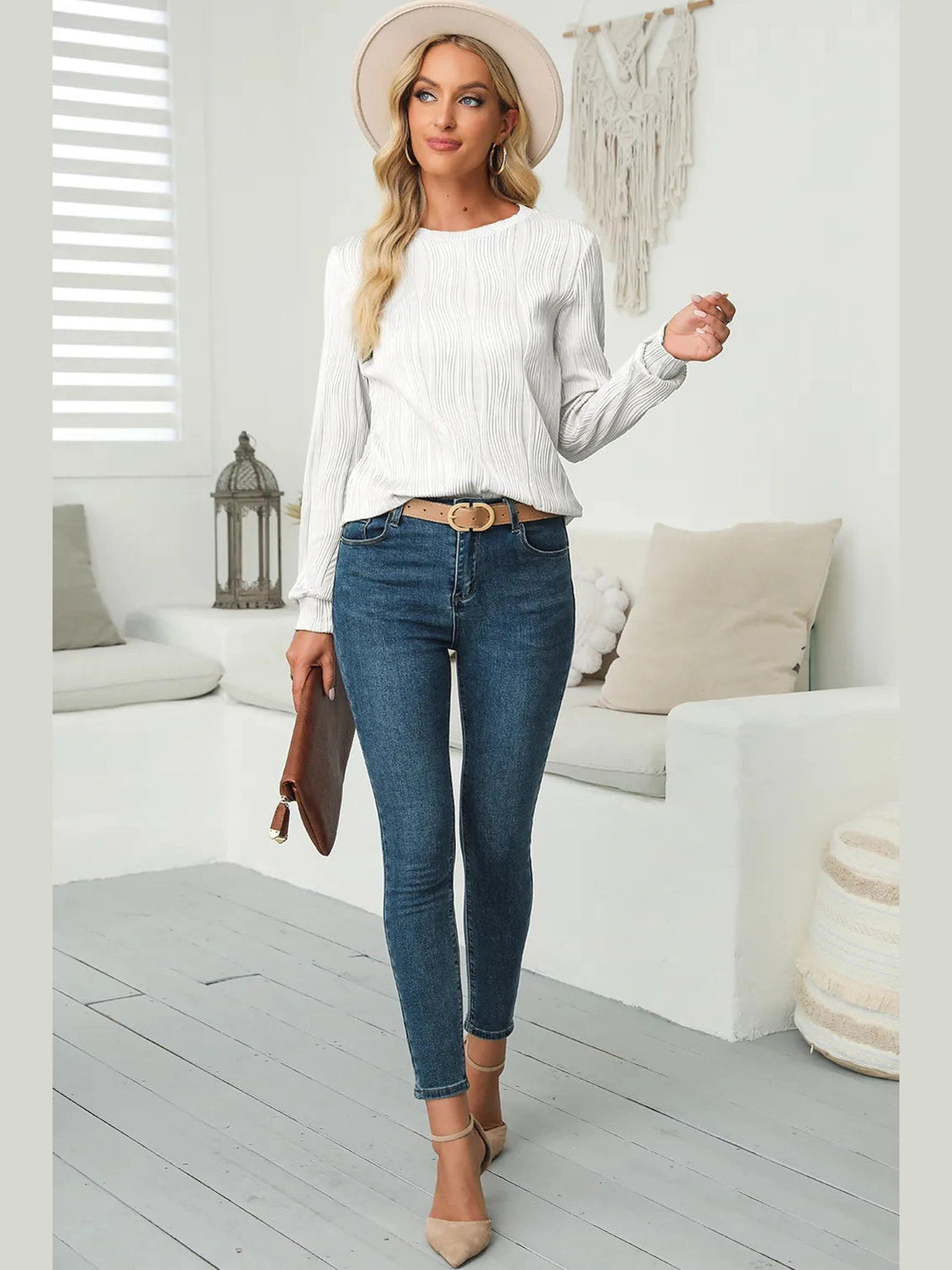 Textured Round Neck Long Sleeve Blouse NicholesGifts