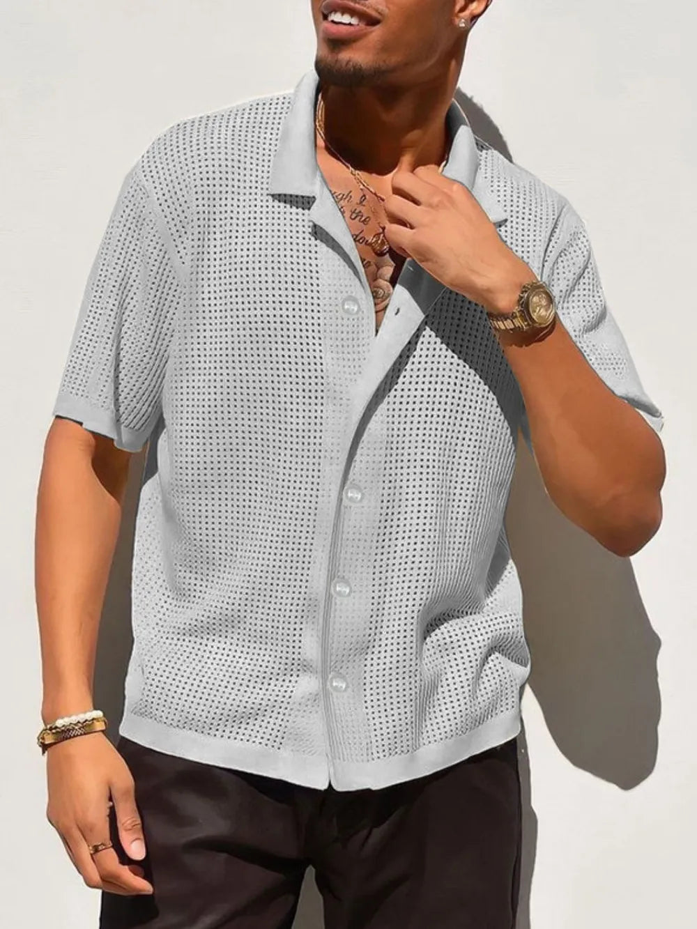 Men's Full Size Openwork Button Down Collared Neck Shirt Plus Size NicholesGifts