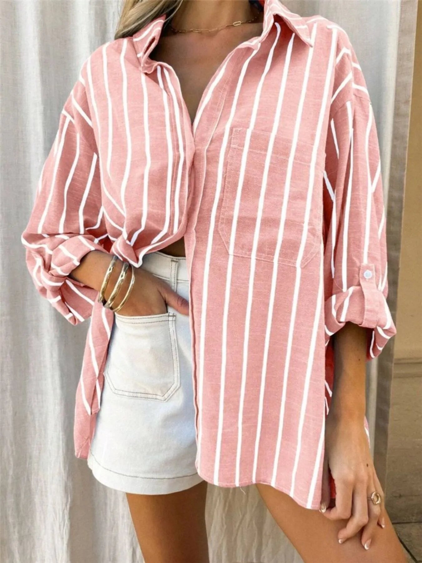 Striped Button-Up Shirt with Chest Pocket NicholesGifts