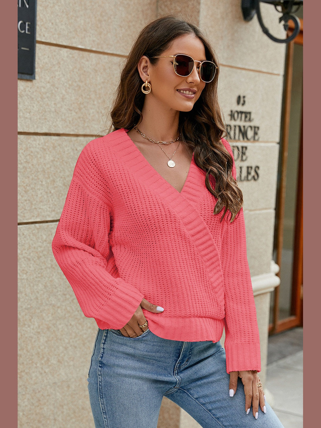 Openwork Surplice Long Sleeve Sweater Trendsi