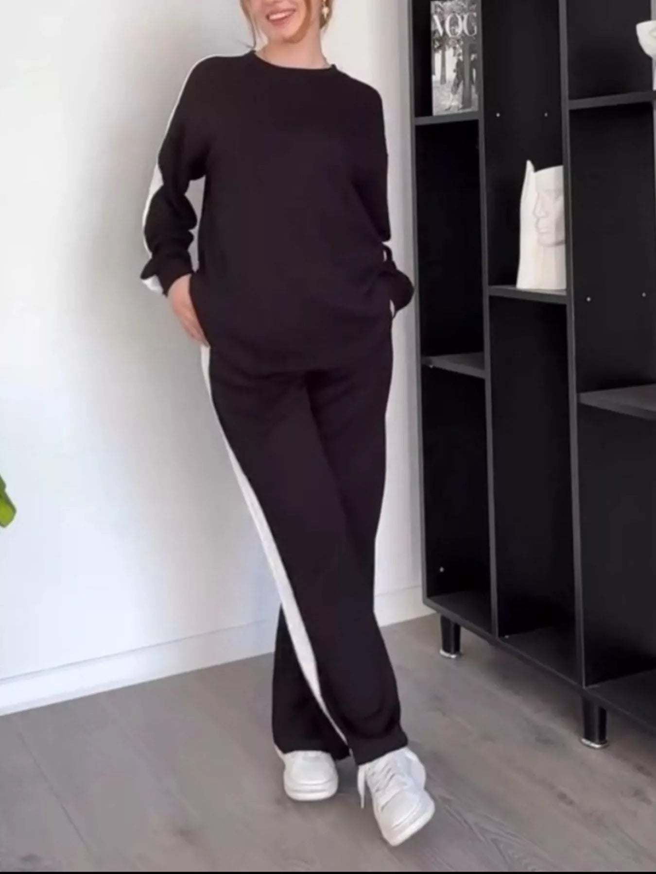 Full Size Contrast Round Neck Top and Pants Set Plus Size nicholesgifts