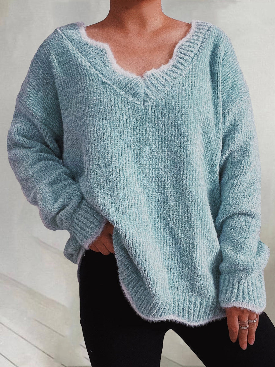 V-Neck Drop Shoulder Long Sleeve Sweater Trendsi