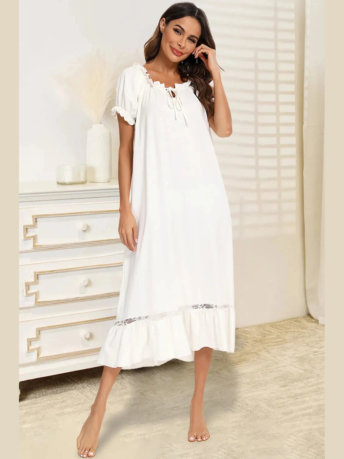 Lace Detail Short Sleeve Lounge Dress nicholesgifts