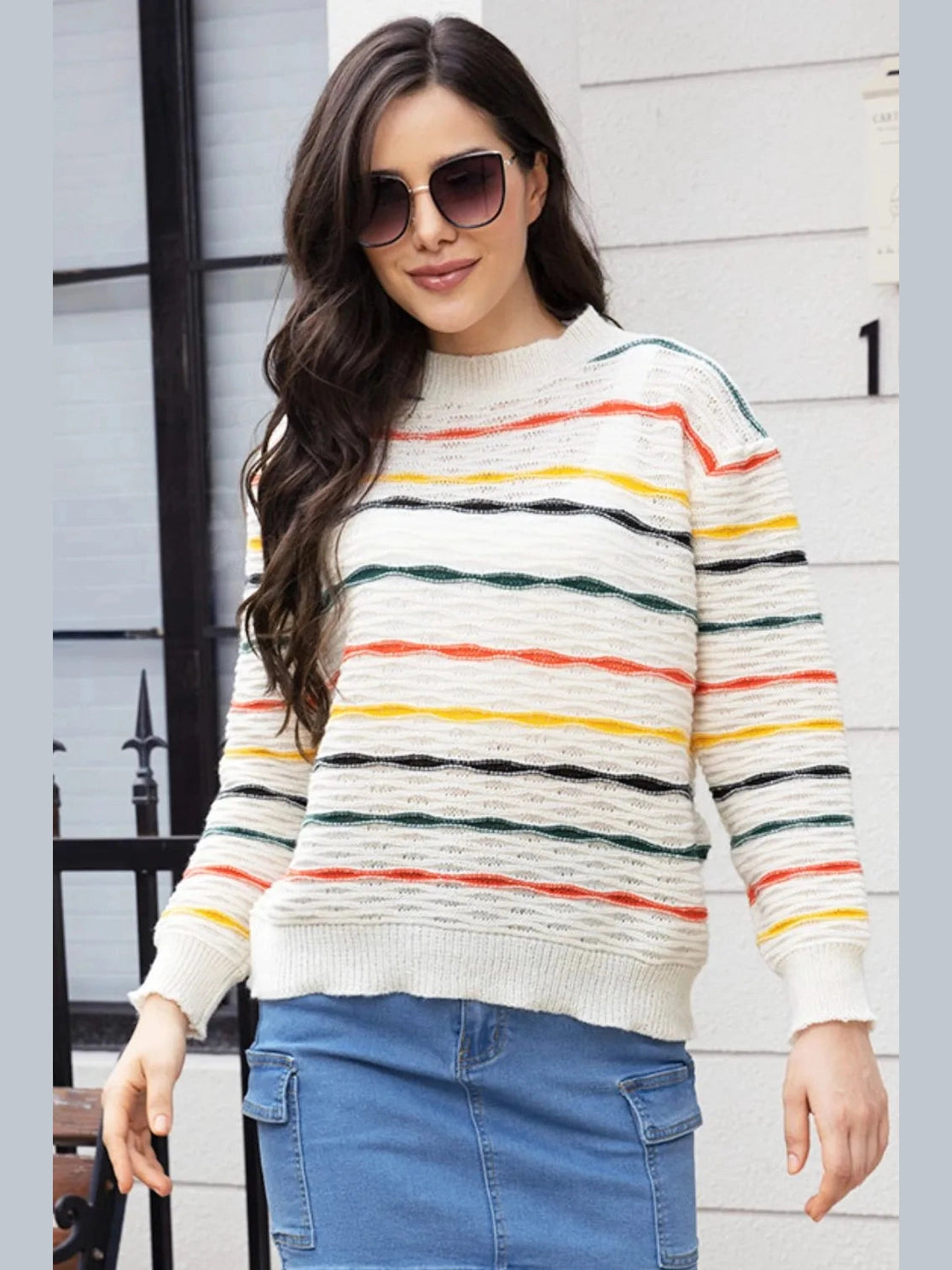 Striped Round Neck Long Sleeve Sweater Trendsi