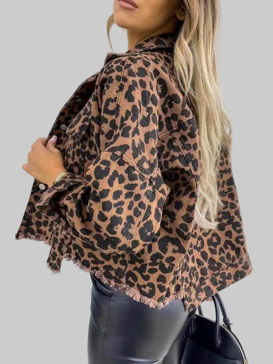 NicholesGifts Women Leopard Raw Hem Denim Jacket nicholesgifts