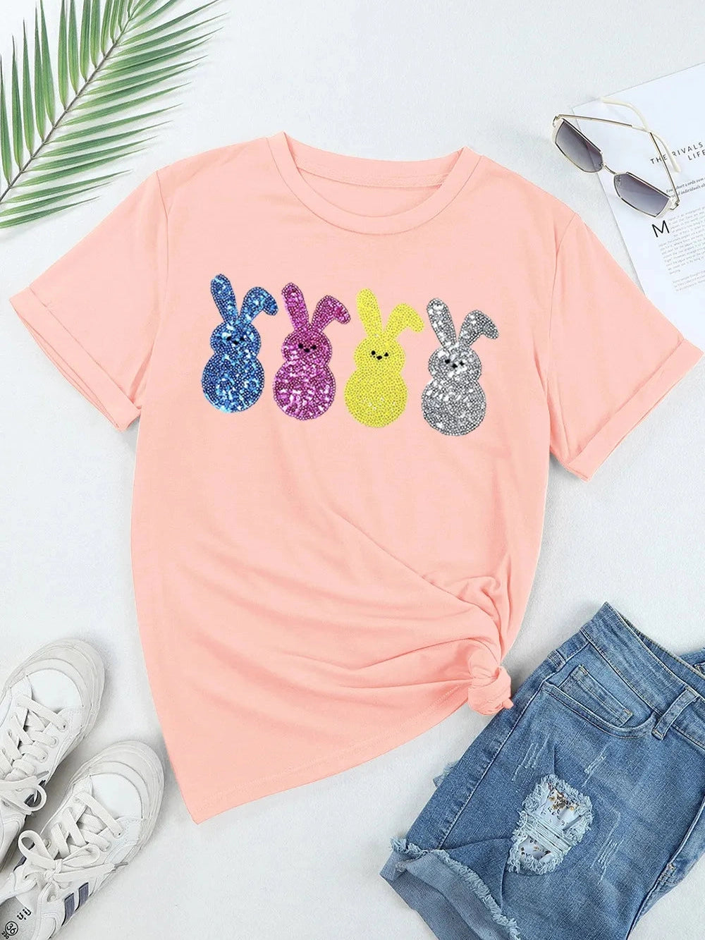 Sequin Bunny Round Neck Short Sleeve T-Shirt nicholesgifts