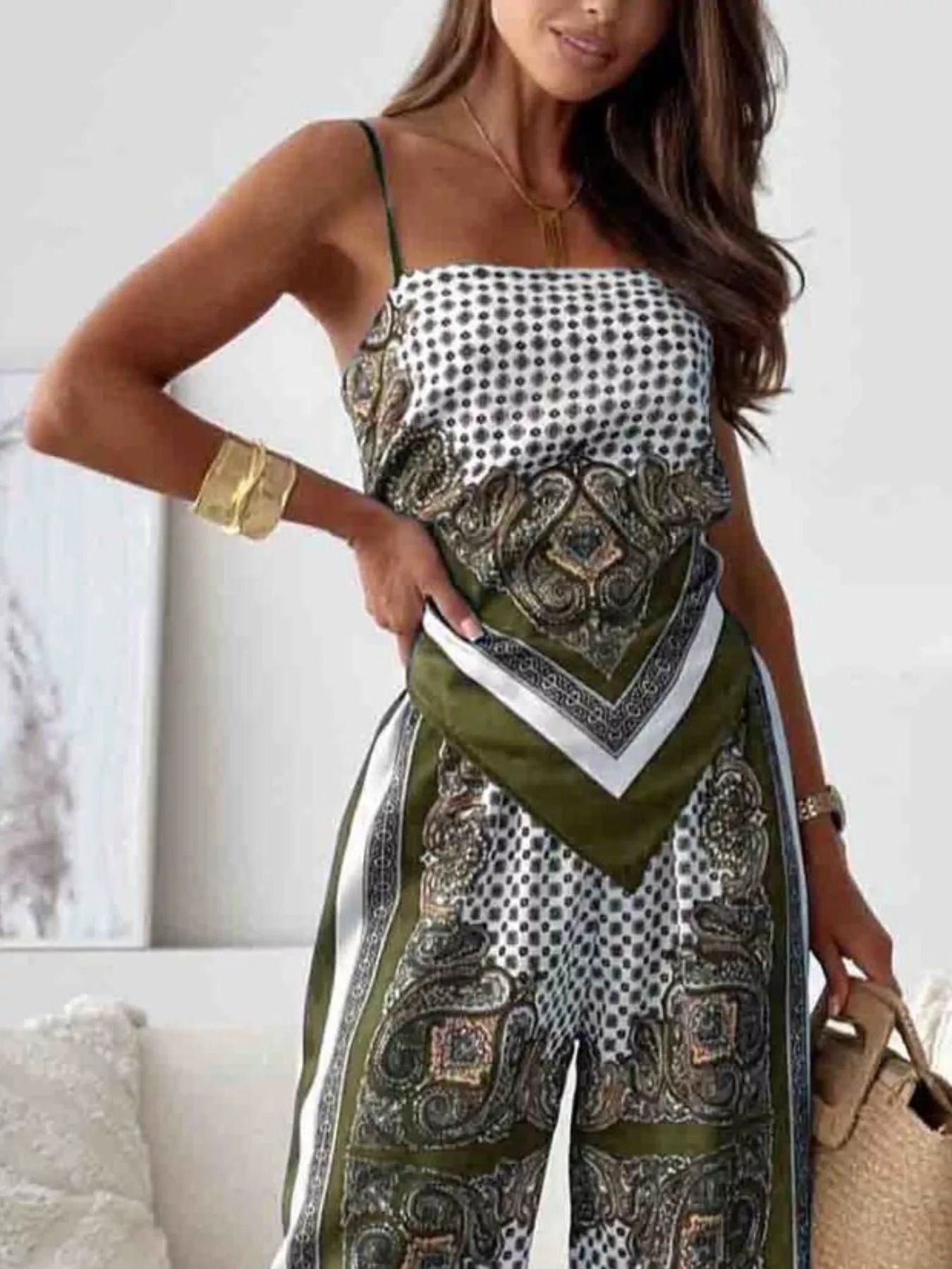 Tie Back Printed Cami and Pants Set Trendsi