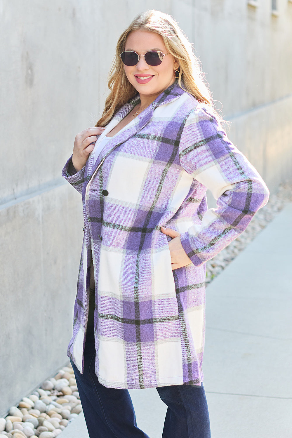 Double Take Full Size Plaid Button Up Lapel Collar Coat nicholesgifts