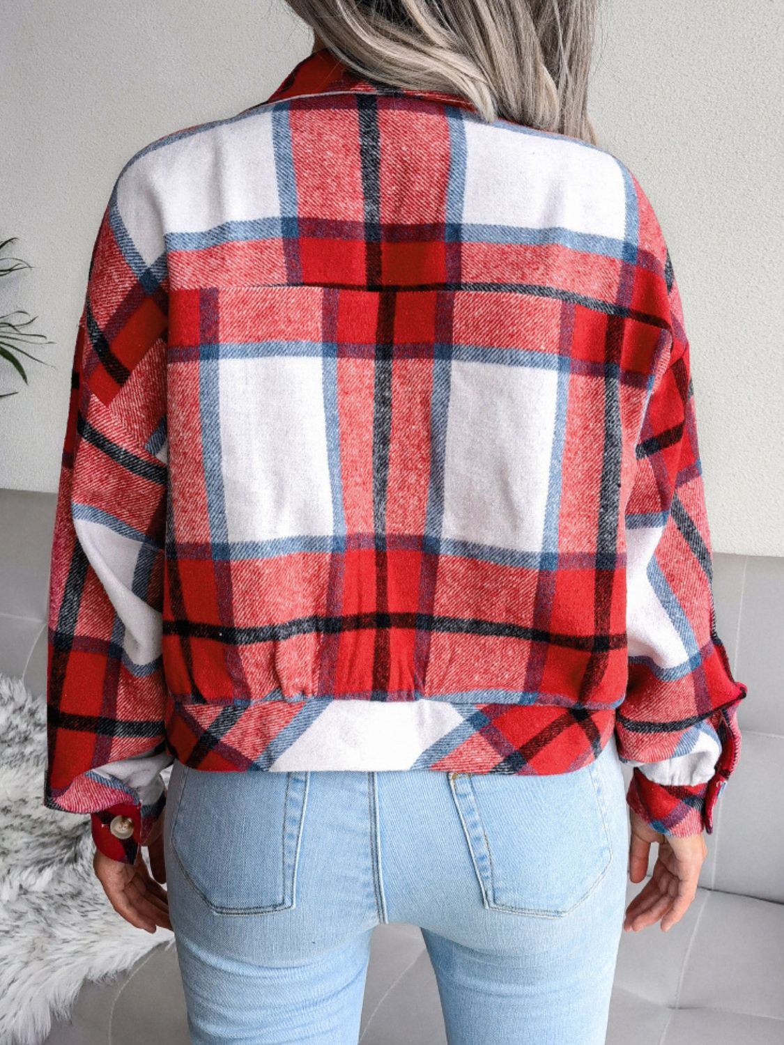 Plaid Collared Neck Drop Shoulder Jacket nicholesgifts