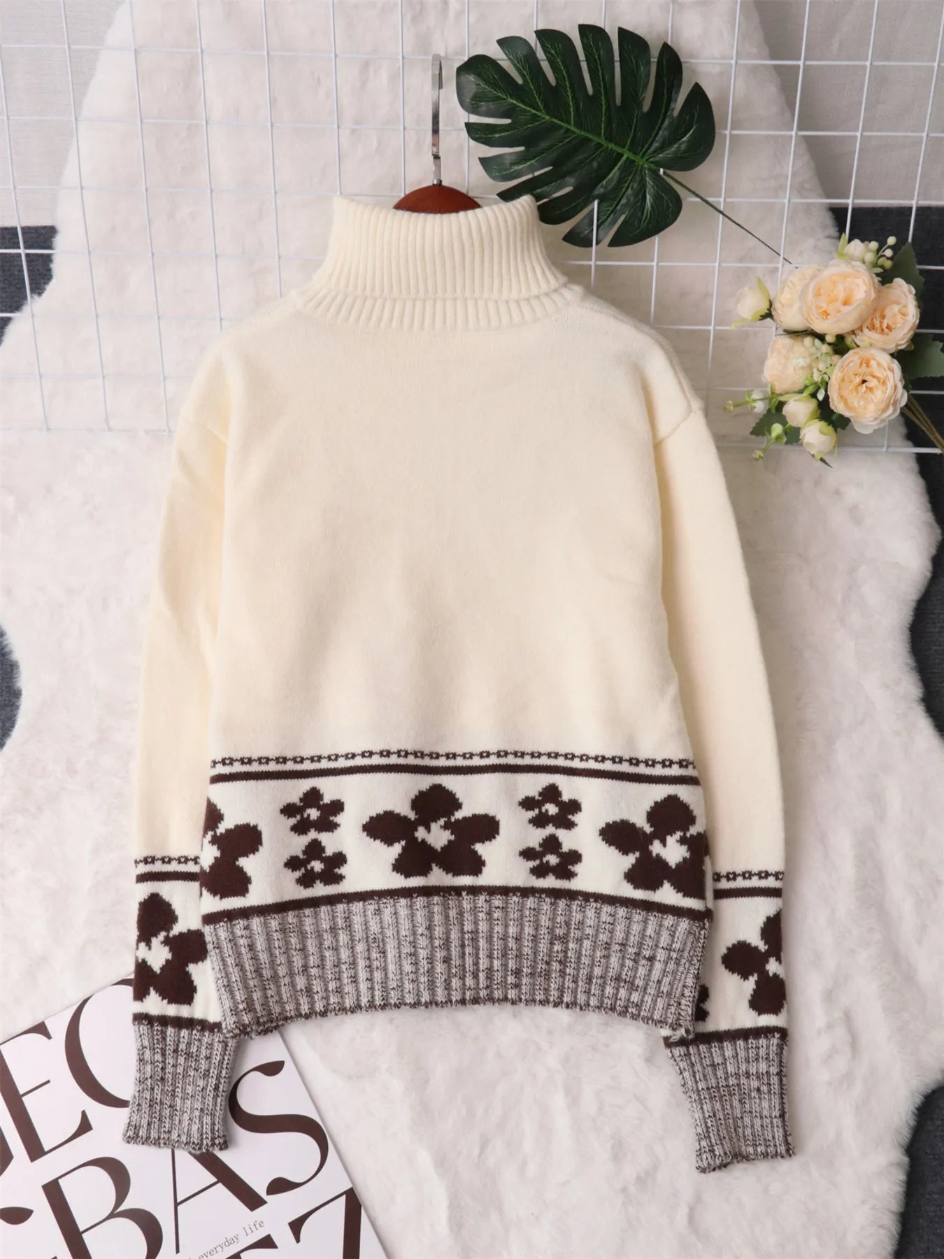 Flower Zip Collar Long Sleeve Sweater