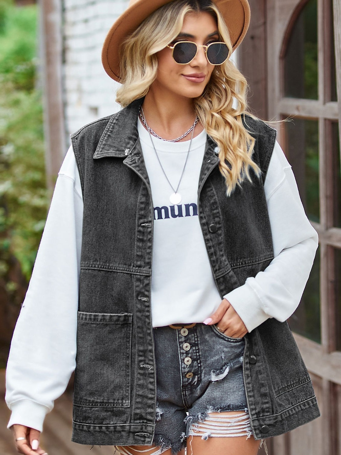 Button Front Sleeveless Denim Jacket nicholesgifts