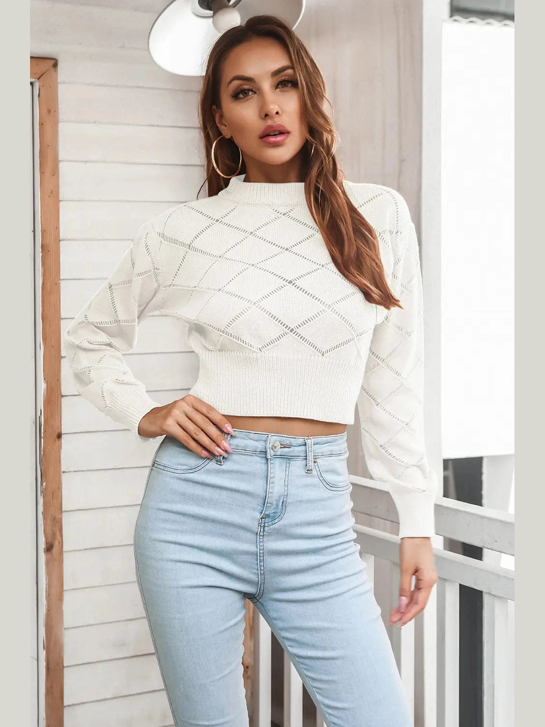 Openwork Plaid Round Neck Cropped Sweater Trendsi