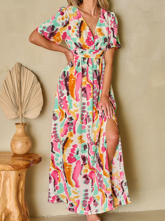 Slit Printed Surplice Short Sleeve Maxi Dress NicholesGifts