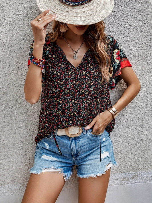 Printed Tie Neck Short Sleeve Blouse nicholesgifts