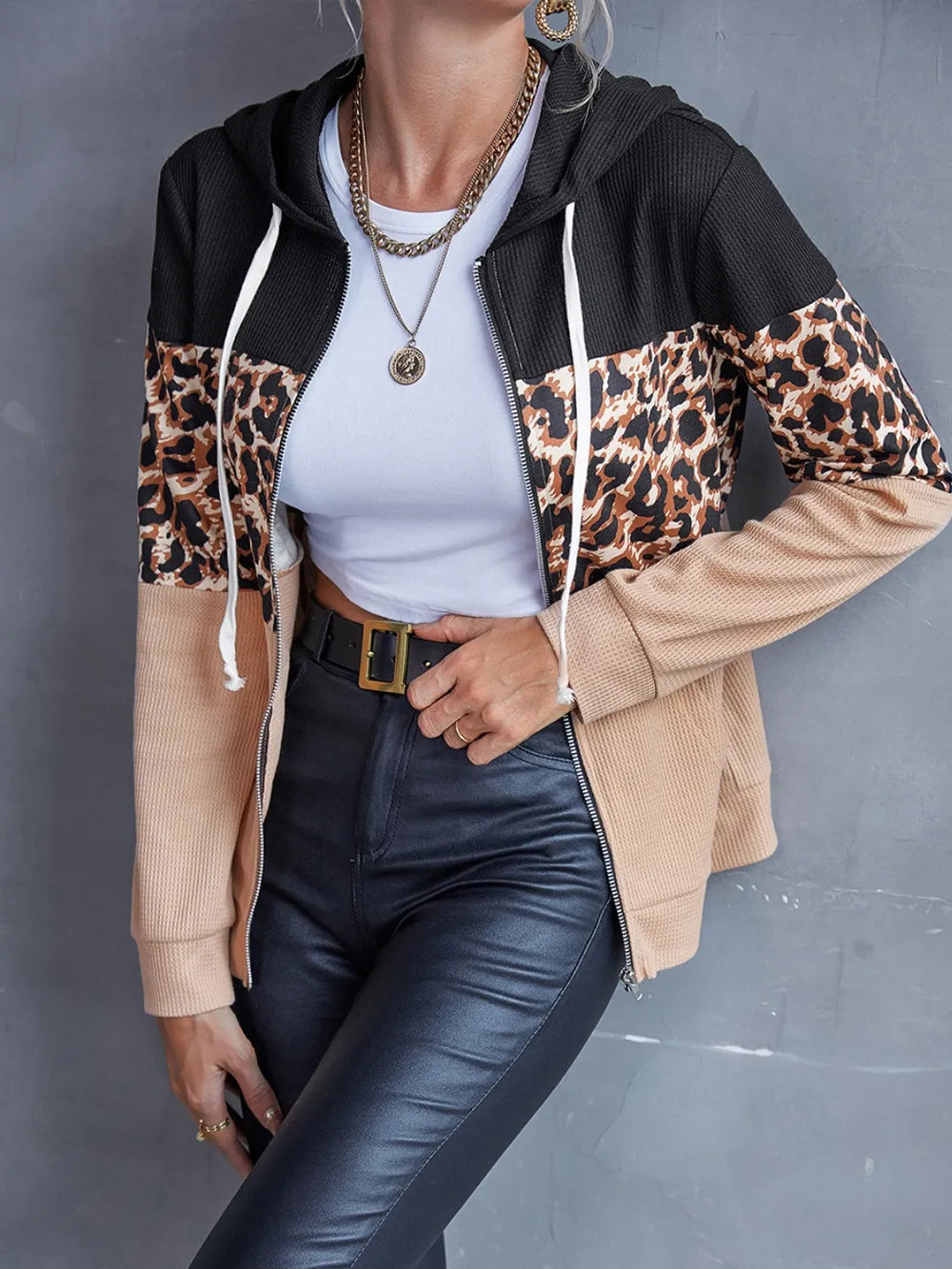 Ivy Lane Drawstring Leopard Zip Up Hooded Jacket nicholesgifts