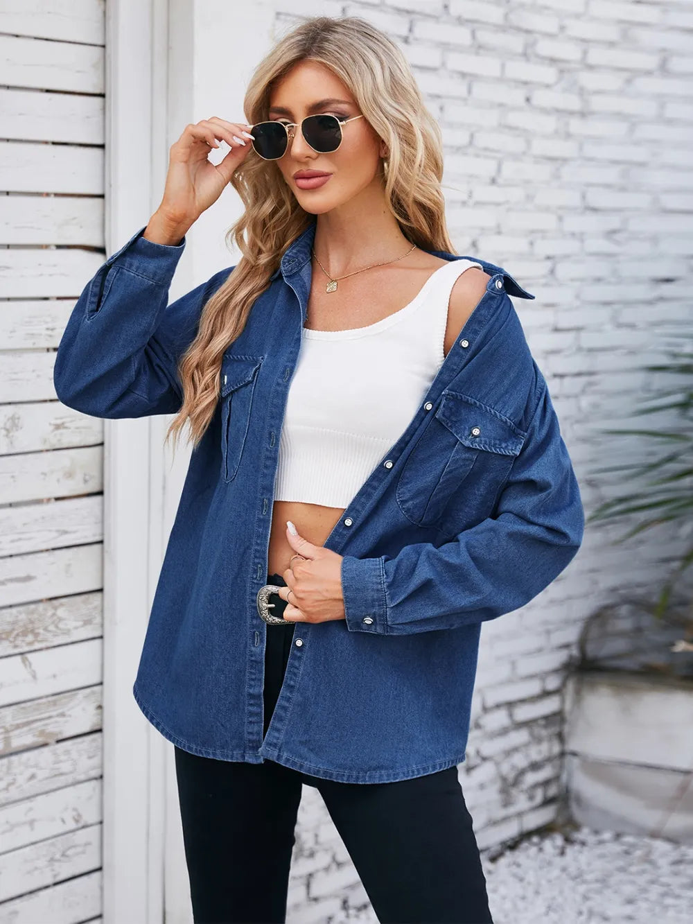 Button Up Collared Neck Denim Jacket Trendsi