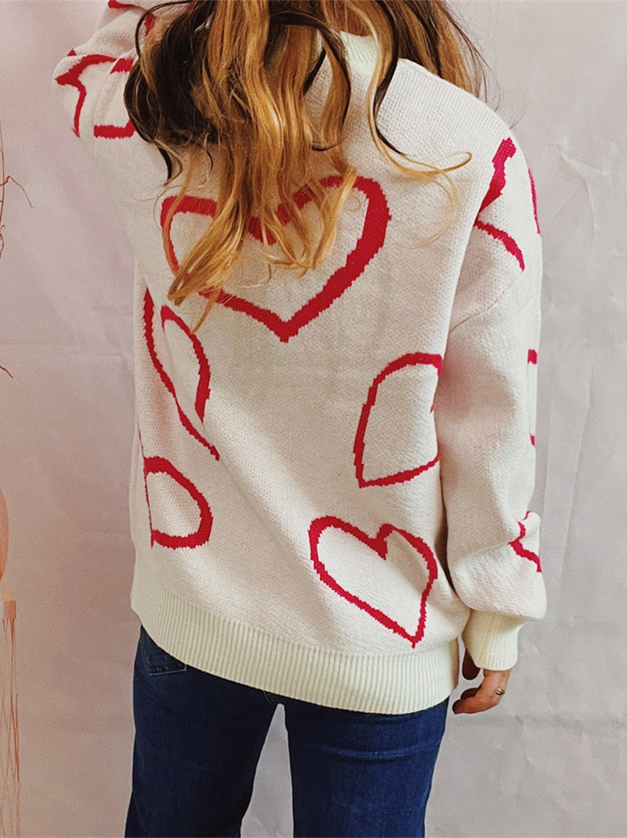 Heart Pattern Long Sleeve Sweater Trendsi