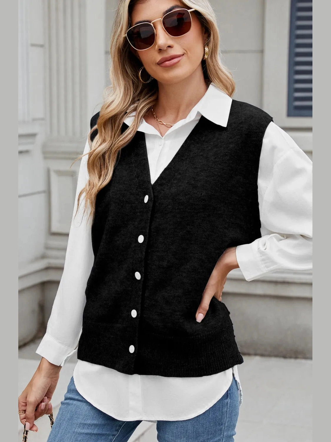 Button Down V-Neck Sweater Vest nicholesgifts