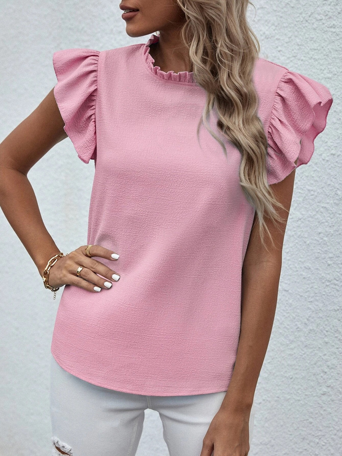 Mock Neck Ruffled Cap Sleeve Blouse nicholesgifts