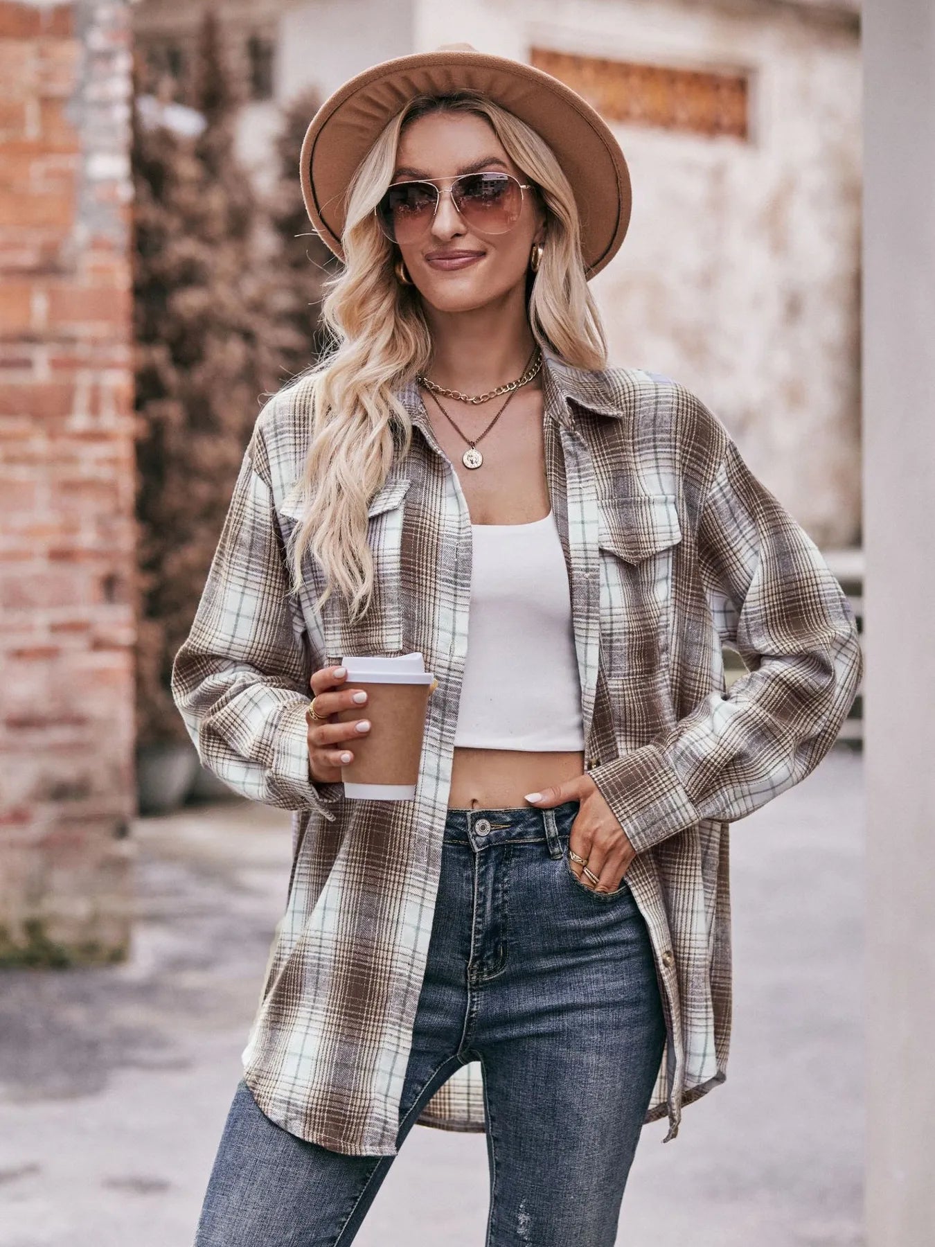 Plaid Button-Down Long Sleeve Shirt Trendsi